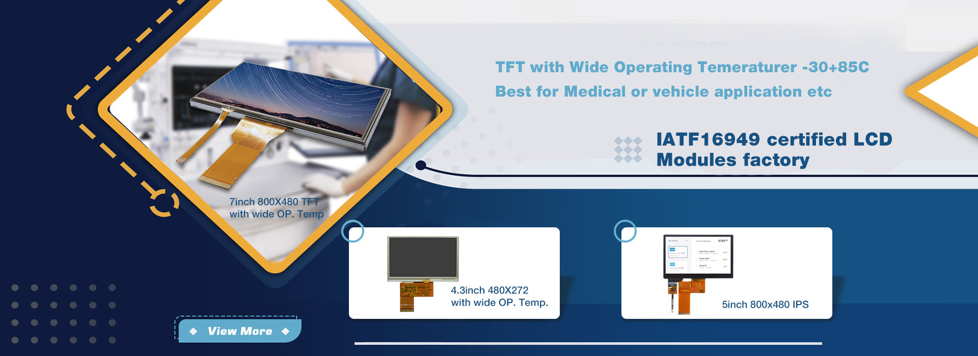 TFT with wide operating temperature -30°C to +85°C, ideal for medical or vehicle applications